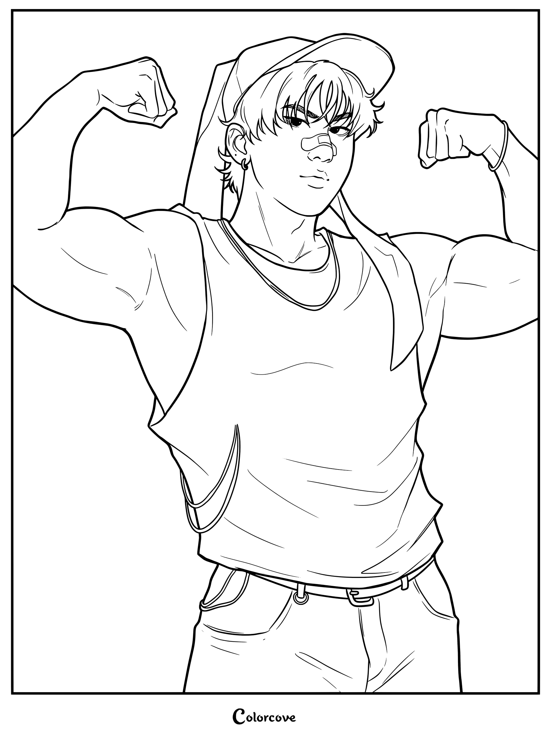 Página para colorear de Stray Kids con Changbin presumiendo de bíceps mientras lleva una camiseta de tirantes, gorra hacia atrás y una tirita en la nariz.