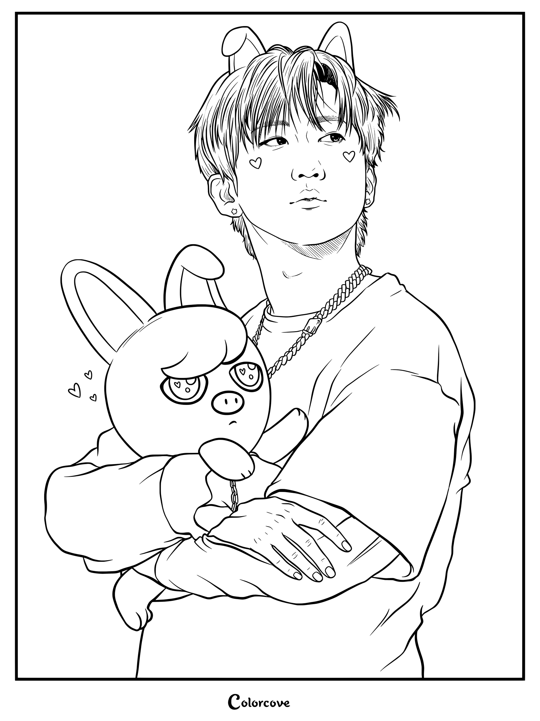 Changbin de Stray Kids sosteniendo a su peluche Dwaekki en una página para colorear e imprimir.