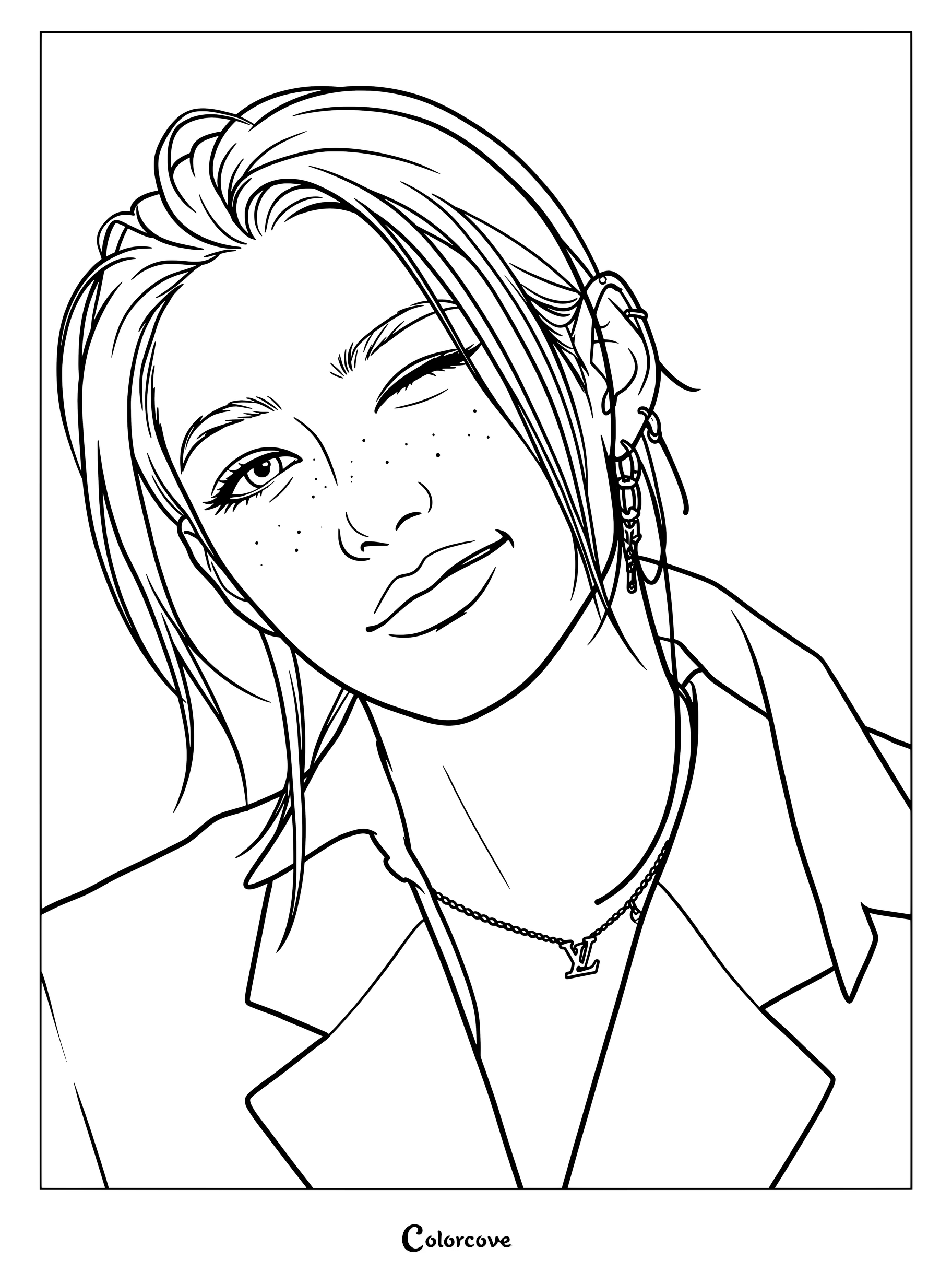 Página para colorear e imprimir de Felix de Stray Kids mostrando sus pecas y pendientes.