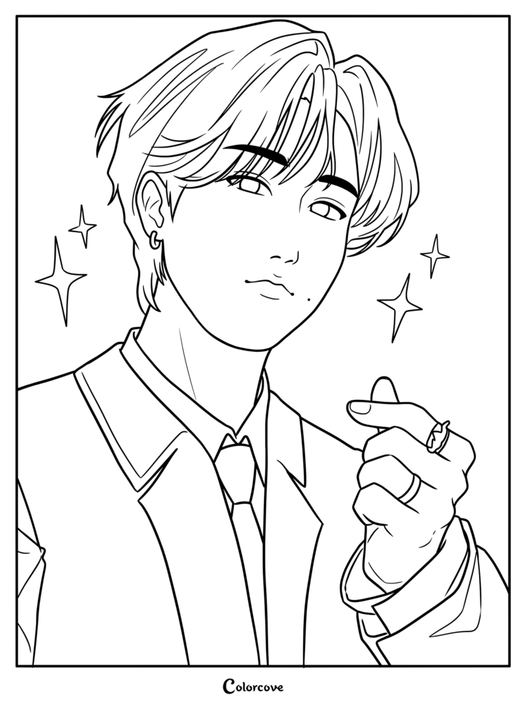 Han Jisung de Stray Kids faisant un cœur avec les doigts sur un coloriage.