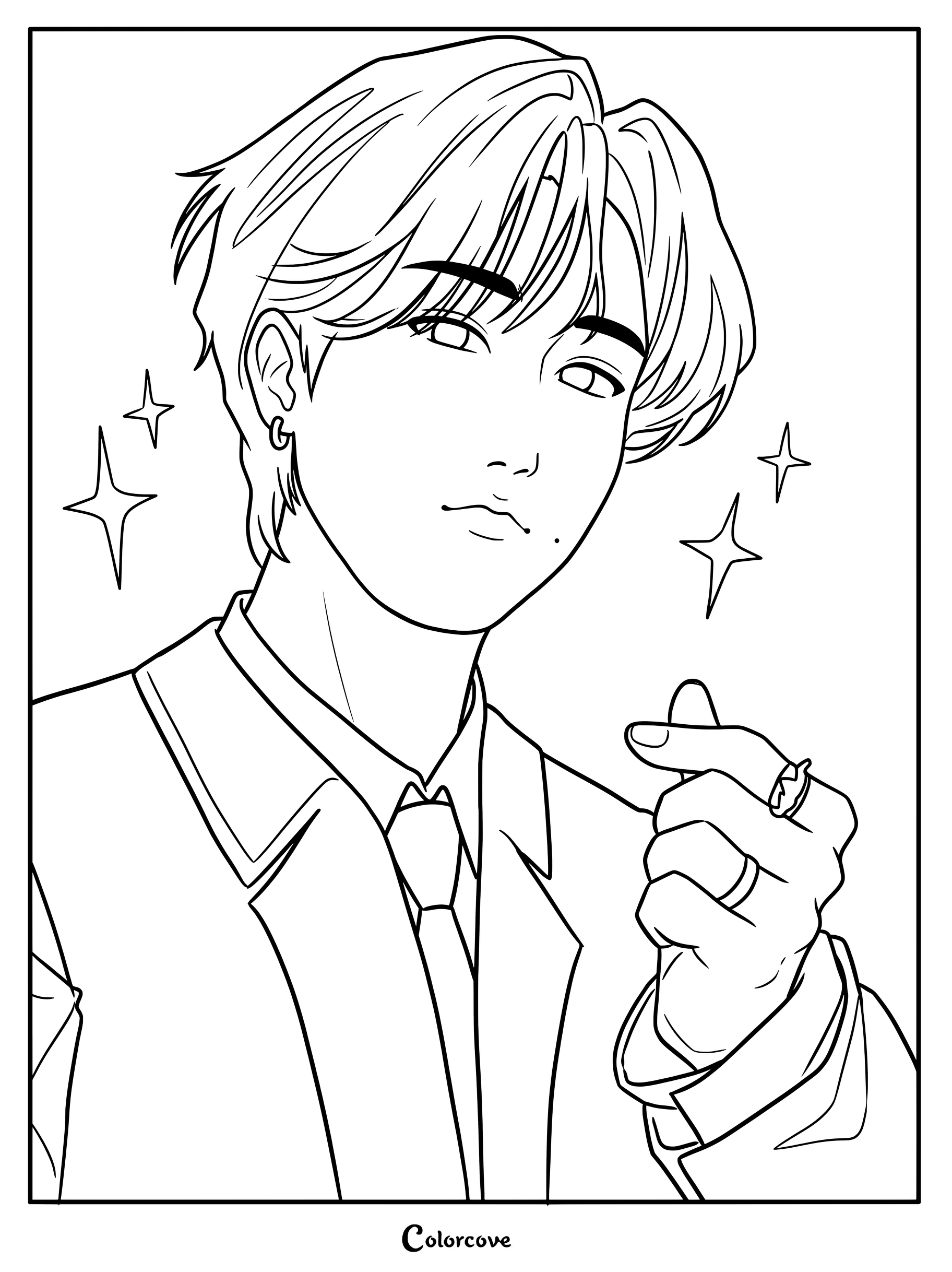 Han Jisung de Stray Kids haciendo el gesto de un corazón con los dedos en una página para colorear.