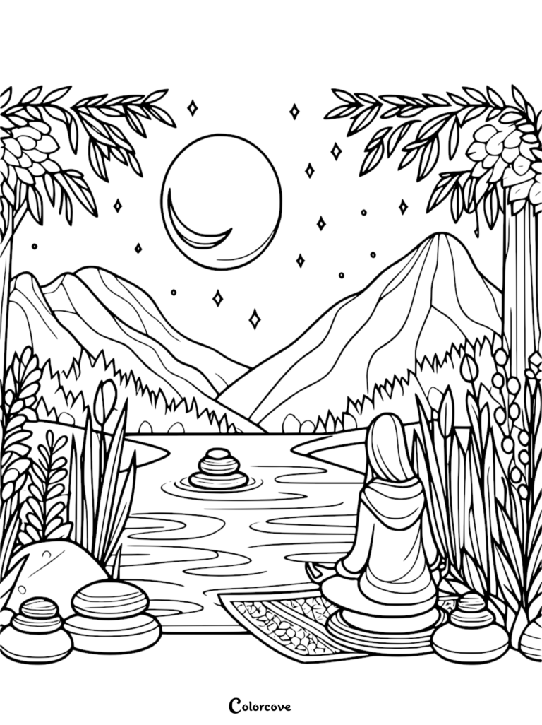 A woman meditating on a mat by a tranquil lake under a moonlit mountain range with stacked zen stones, captured as an intricate line art coloring page.