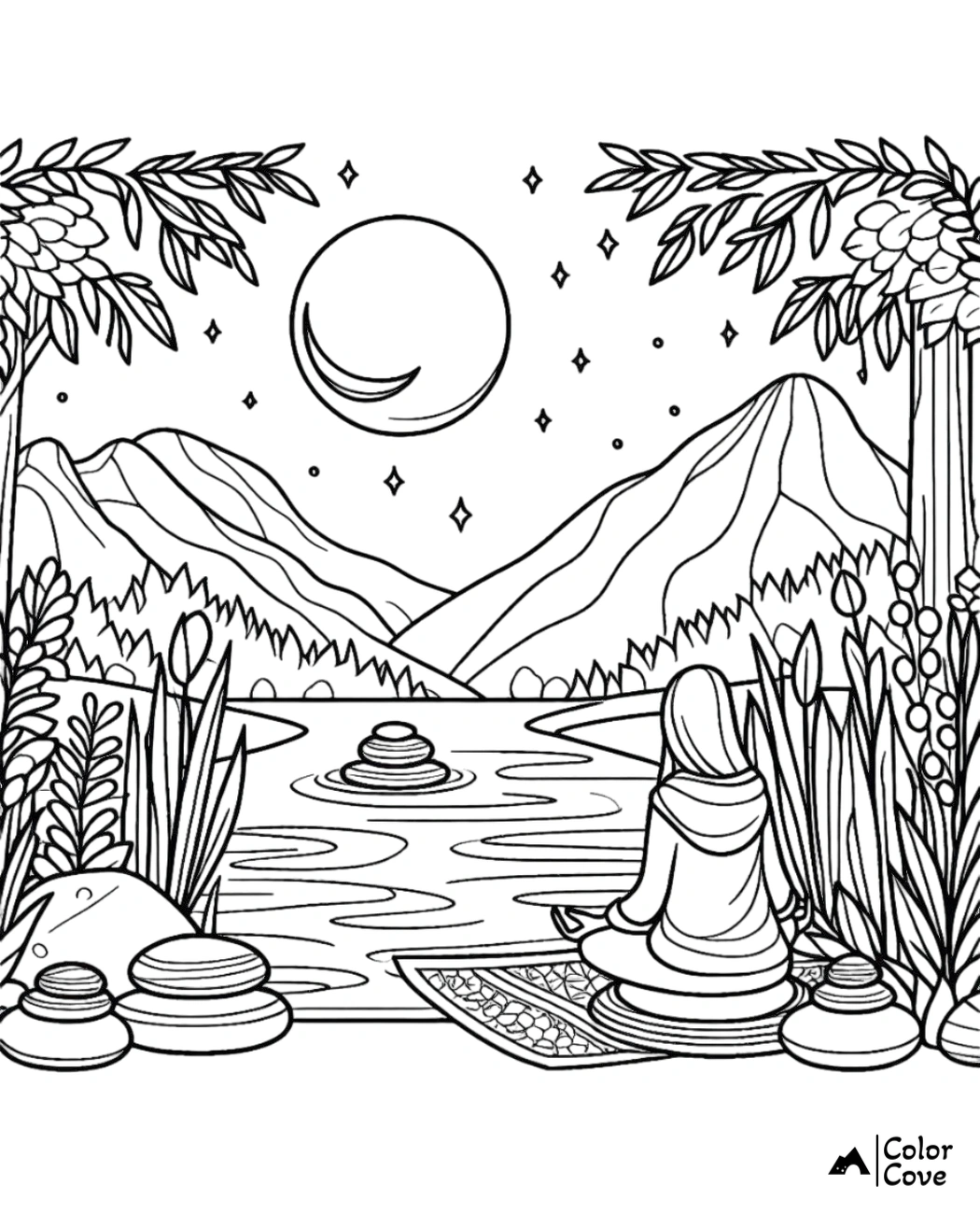 Person meditating by a serene lake with mountains and crescent moon in a coloring page by ColorCove.