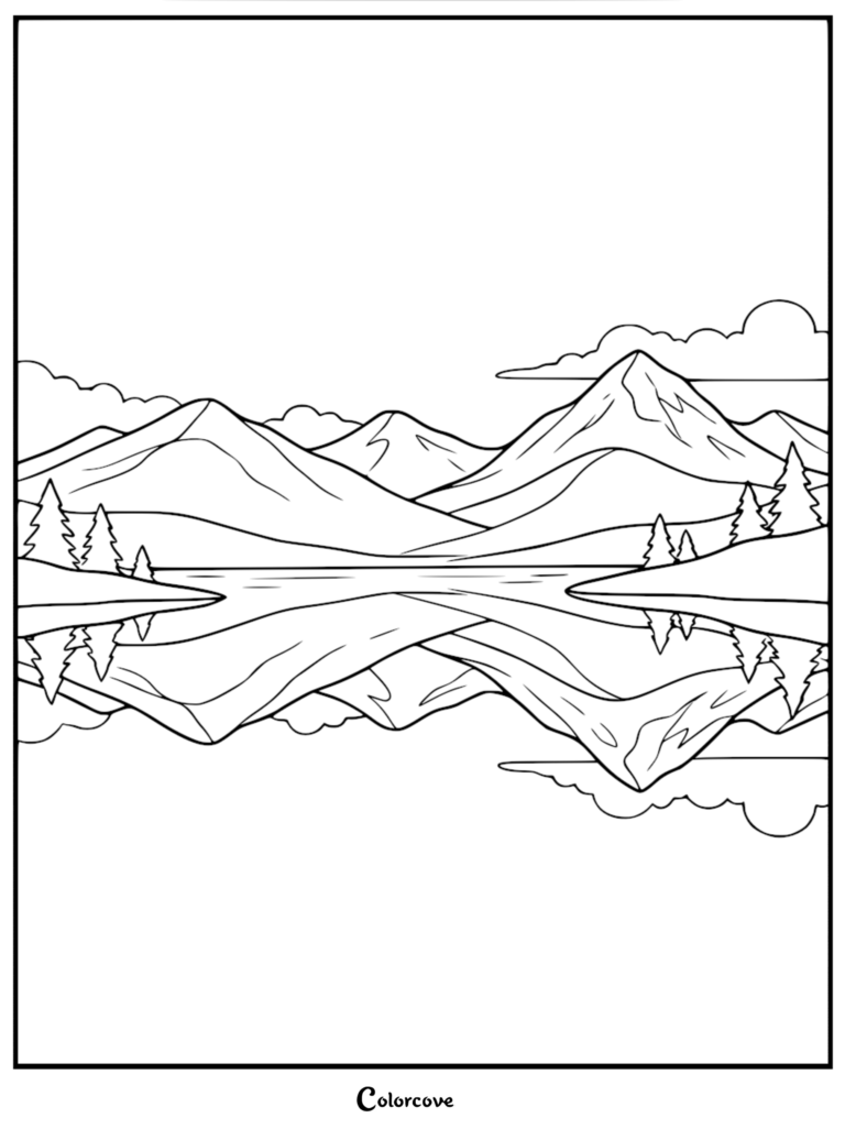 A printable mountain lake coloring page featuring snow-capped peaks with pine trees mirrored perfectly in calm, tranquil water.