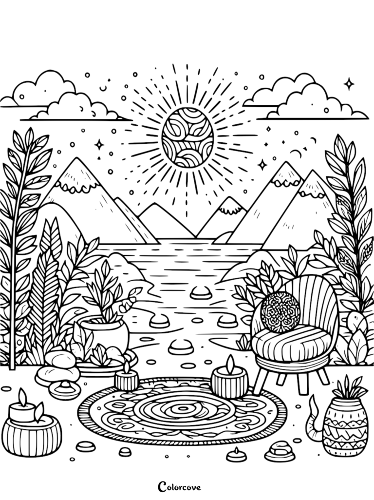 A stress relief coloring page featuring a peaceful mountain lake view with a cozy chair, lit candles, and a decorative rug on a patio.
