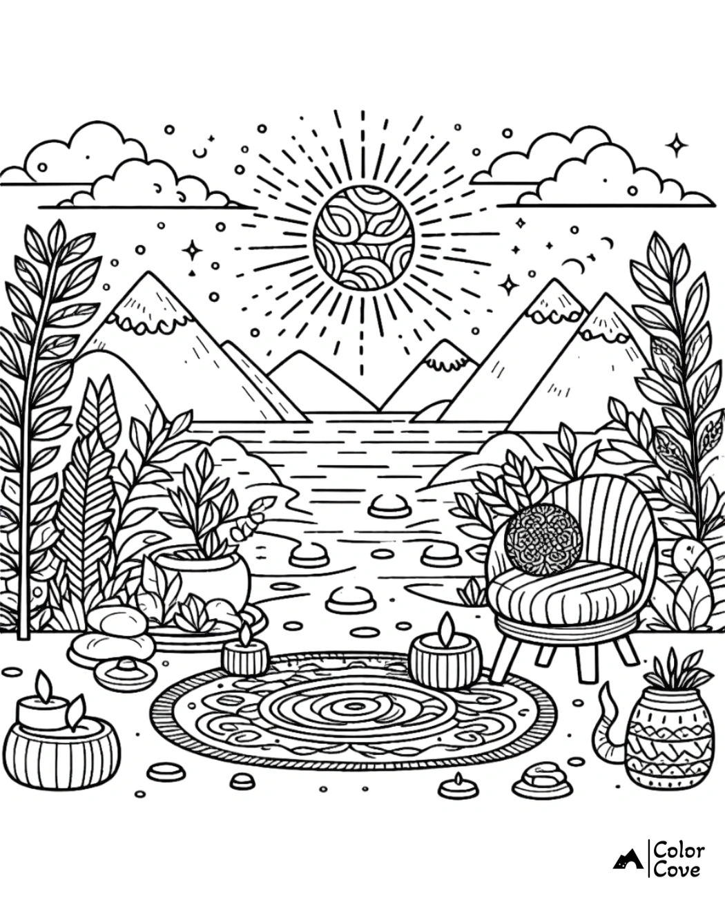 Serene lakeside coloring page with mountains, sun, cozy chair, and decorative elements ideal for relaxation and coloring therapy.