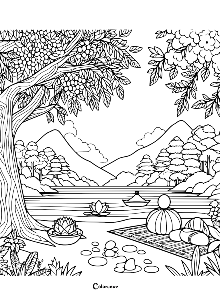 A detailed stress relief coloring page featuring a tranquil lake, balanced zen stones on a mat, floating lotus flowers, and majestic mountain views under a leafy tree.