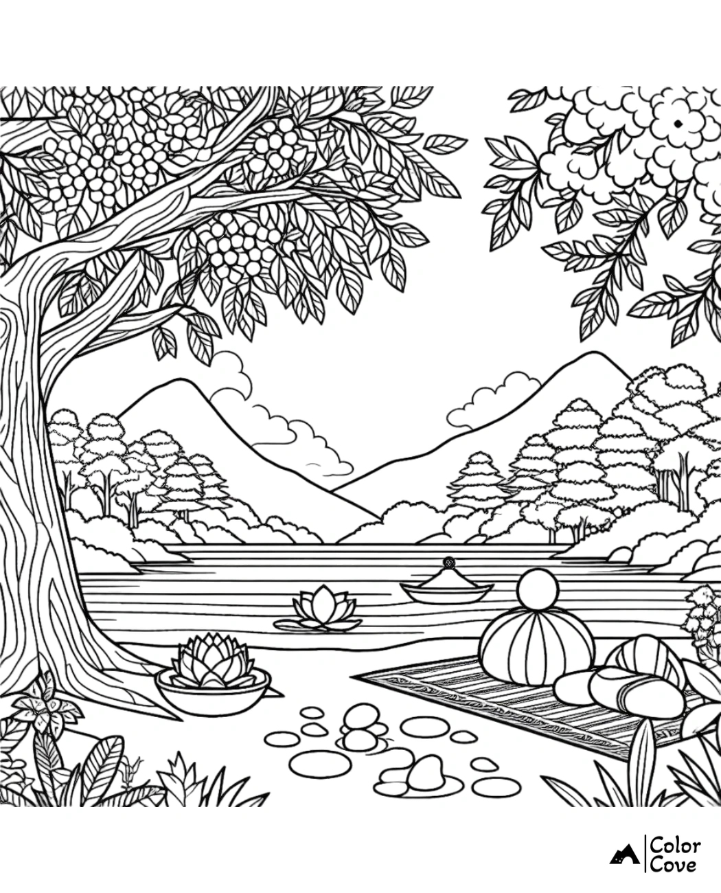 Coloring page featuring a peaceful lakeside scene with trees, mountains, a boat, lotus flowers, and pebbles on the shore.