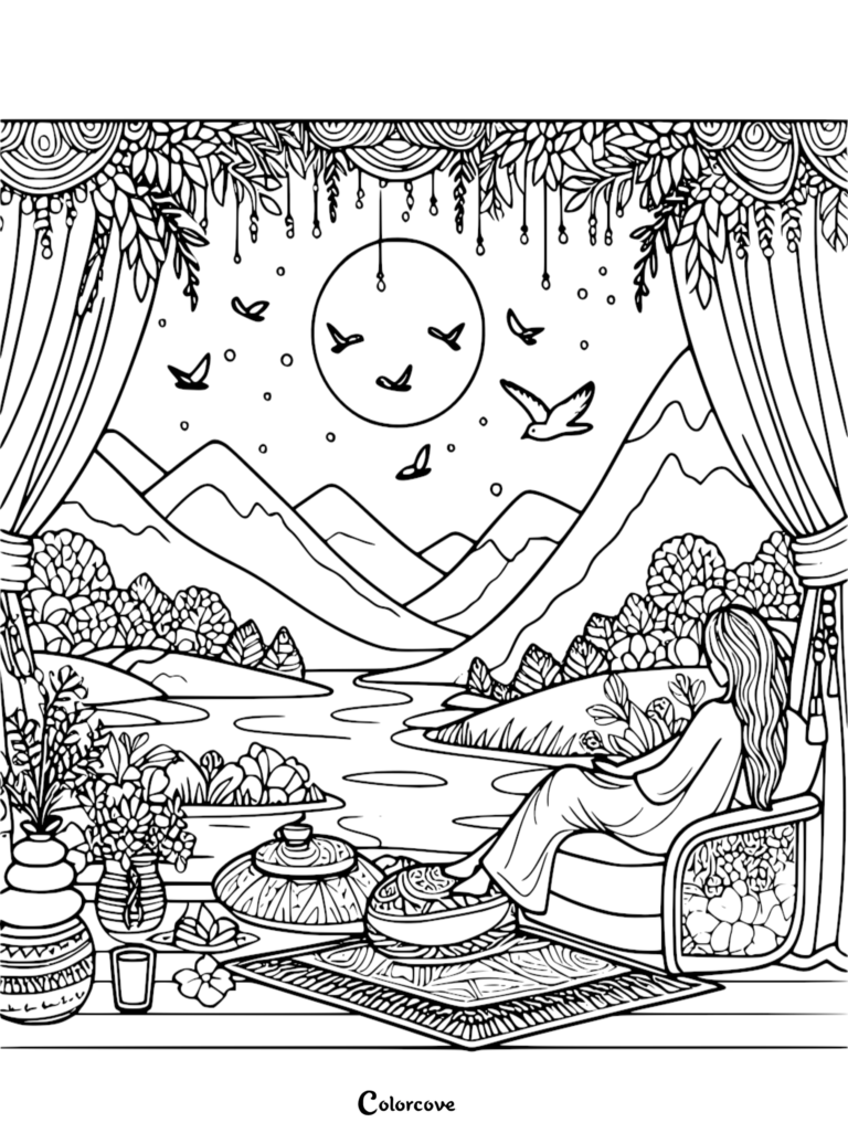 A stress relief coloring page featuring a woman sitting in an armchair looking out a draped window at a moonlit mountain landscape with birds and a winding river.