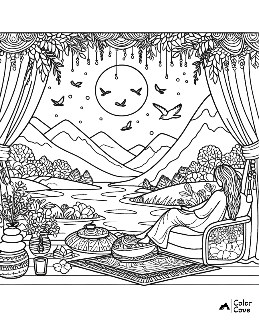 Relaxing riverside scene coloring page with mountains, birds, and woman sitting on a chair under a decorated canopy.