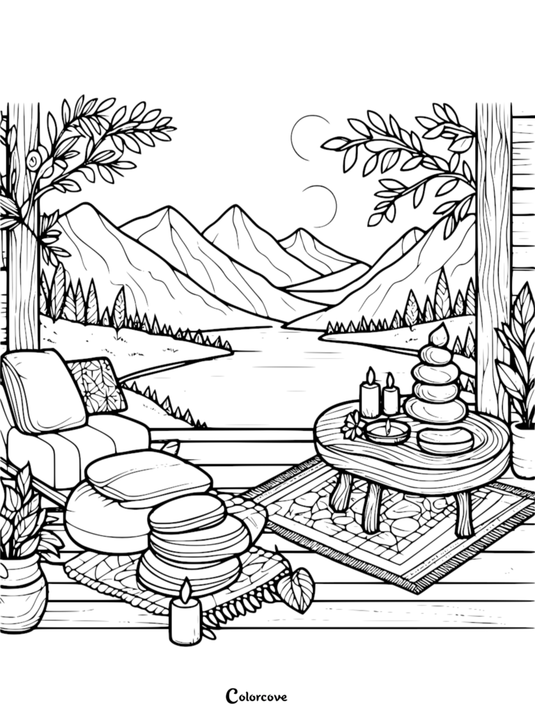 A relaxing zen mountain view coloring page featuring a cozy deck with an armchair, stacked stone cairns, candles, and a lake landscape under double moons.