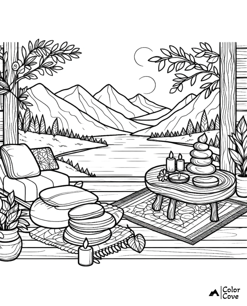 Serene mountain view coloring page featuring a cozy seating area with candles, cushions, and potted plants for relaxation.