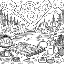 Tranquil mountain landscape coloring page with candles, yarn, and drawing supplies by a river.