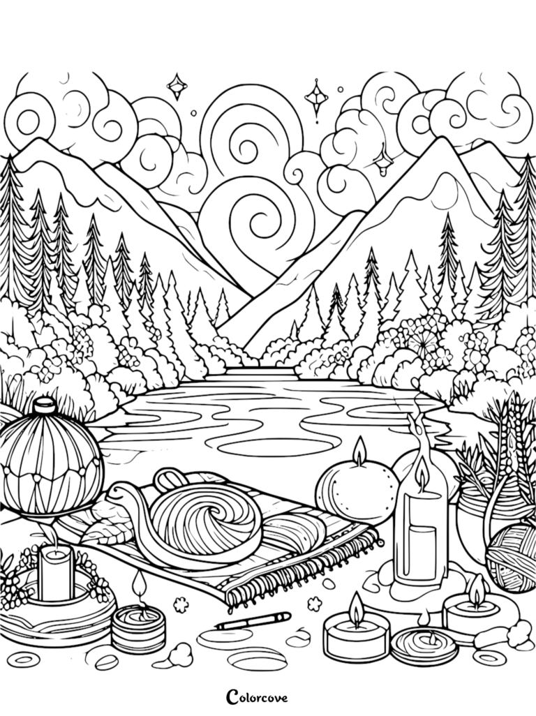 A stress relief coloring page featuring a peaceful mountain lake landscape with swirling clouds above, and a foreground picnic blanket decorated with candles, pumpkins, and a snail sculpture.