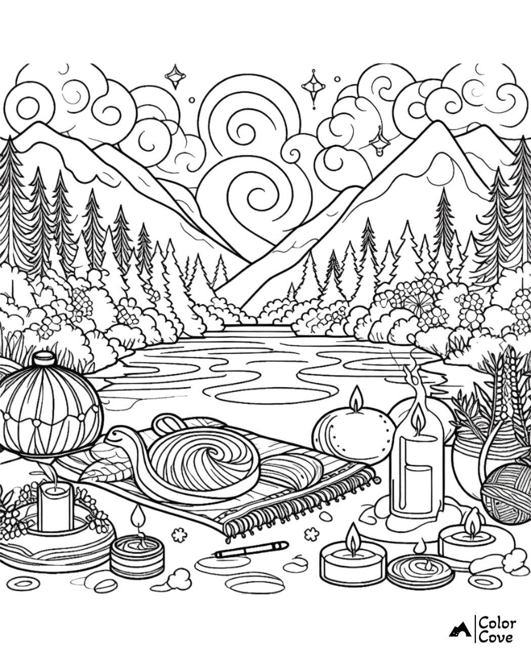 Tranquil mountain landscape coloring page with candles, yarn, and drawing supplies by a river.