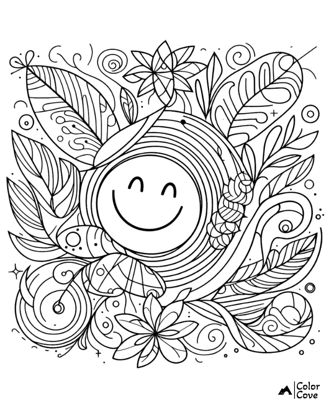 Detailed floral mandala coloring page with smiley face, intricate leaves, and abstract patterns for mental relaxation and creativity.