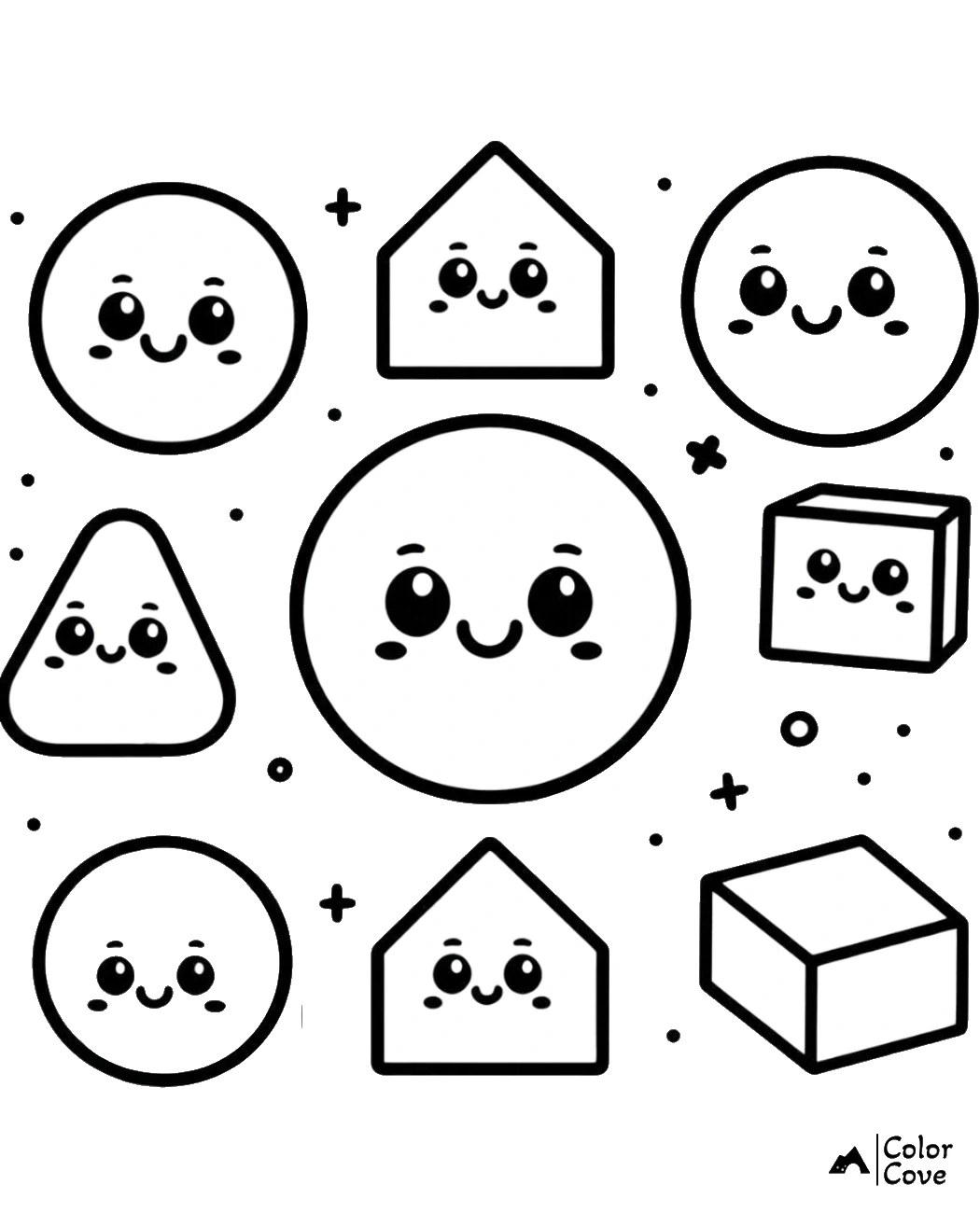 Cute geometric shapes coloring page with smiling faces, including circles, triangles, and squares. Perfect for kids' activities.