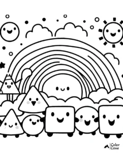 Cute characters and shapes under a rainbow with smiling sun and clouds, perfect for kids' coloring fun. Color Cove.