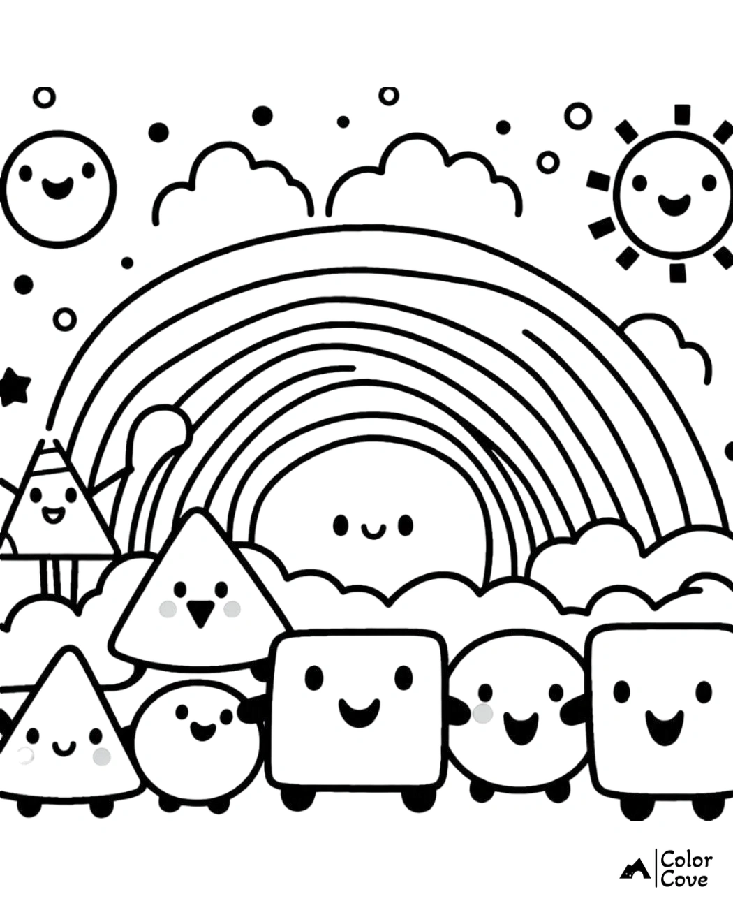 Cute characters and shapes under a rainbow with smiling sun and clouds, perfect for kids' coloring fun. Color Cove.