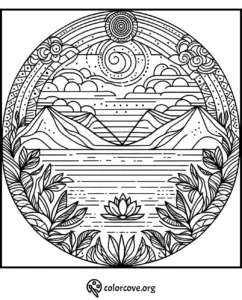 Mountain landscape coloring page with a lotus flower in a lake, surrounded by leaves and clouds, from colorcove.org.
