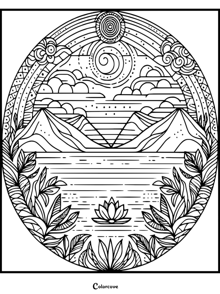 Circular stress relief coloring page featuring a tranquil lake, towering mountains, a floating lotus flower, and a stylized sun and moon in the sky.