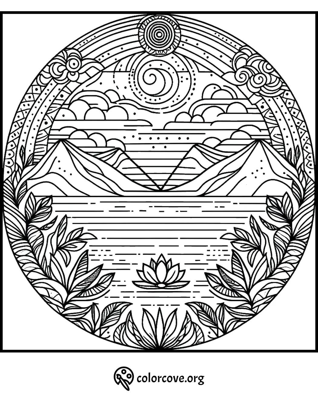 Mountain landscape coloring page with a lotus flower in a lake, surrounded by leaves and clouds, from colorcove.org.