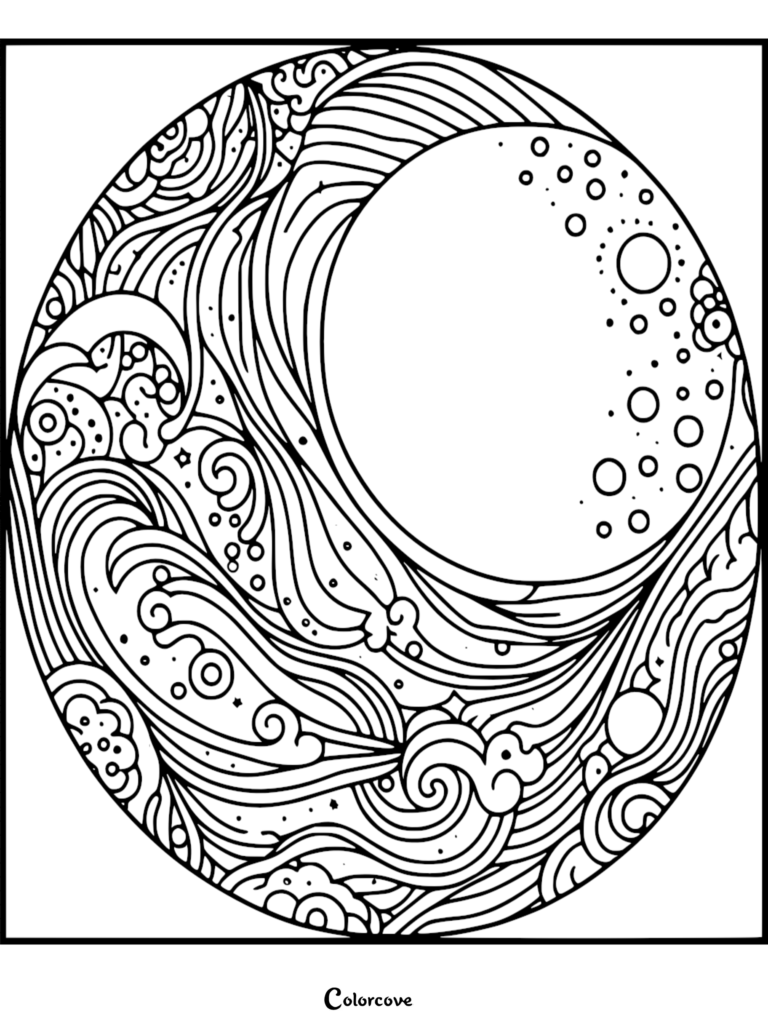 A circular coloring page featuring a stylized crescent moon surrounded by intricate, flowing ocean waves and floating bubbles in a zen-inspired line art style.