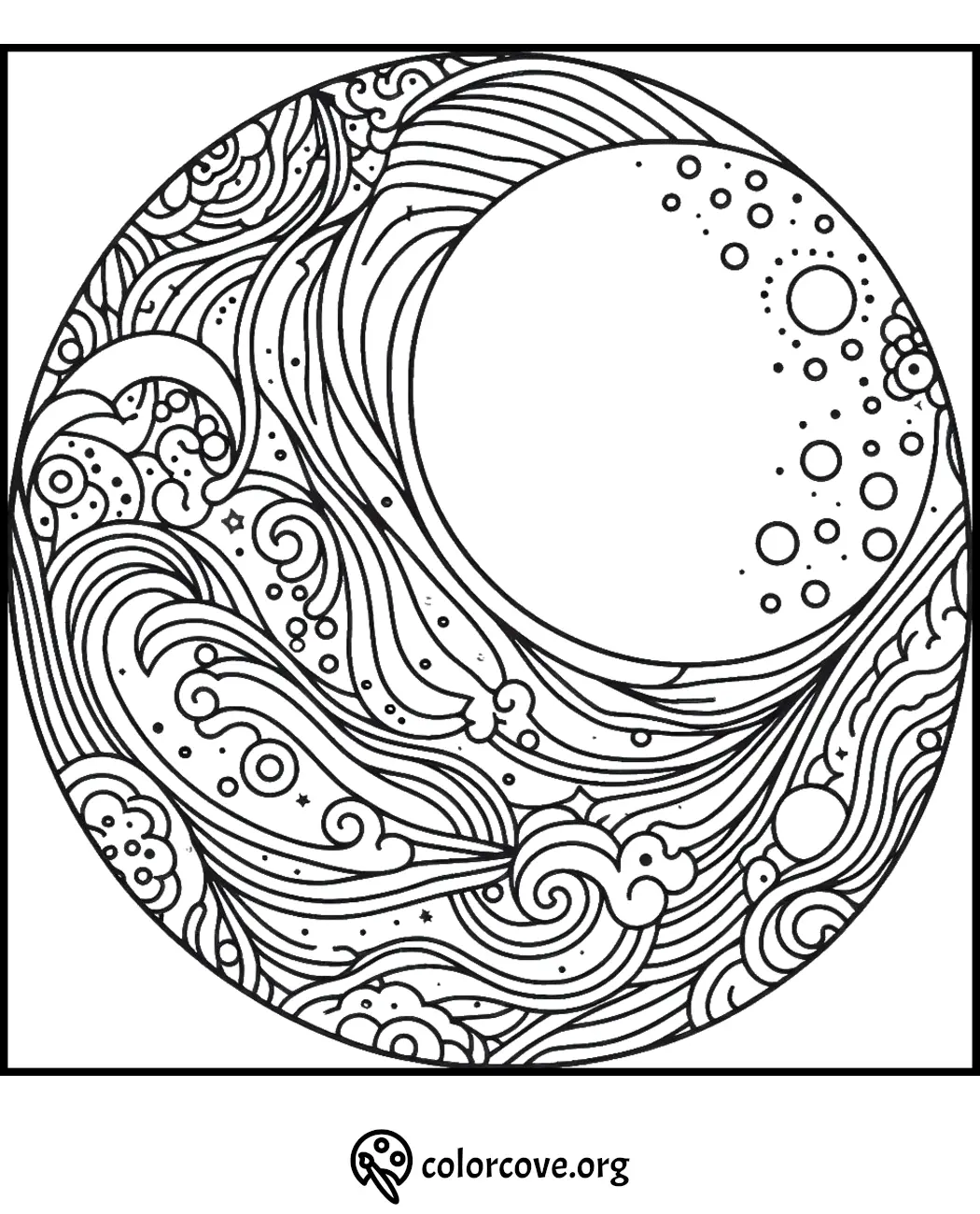 Intricate moon and waves-themed coloring page with detailed swirls and bubbles, perfect for stress-relief and mindfulness.