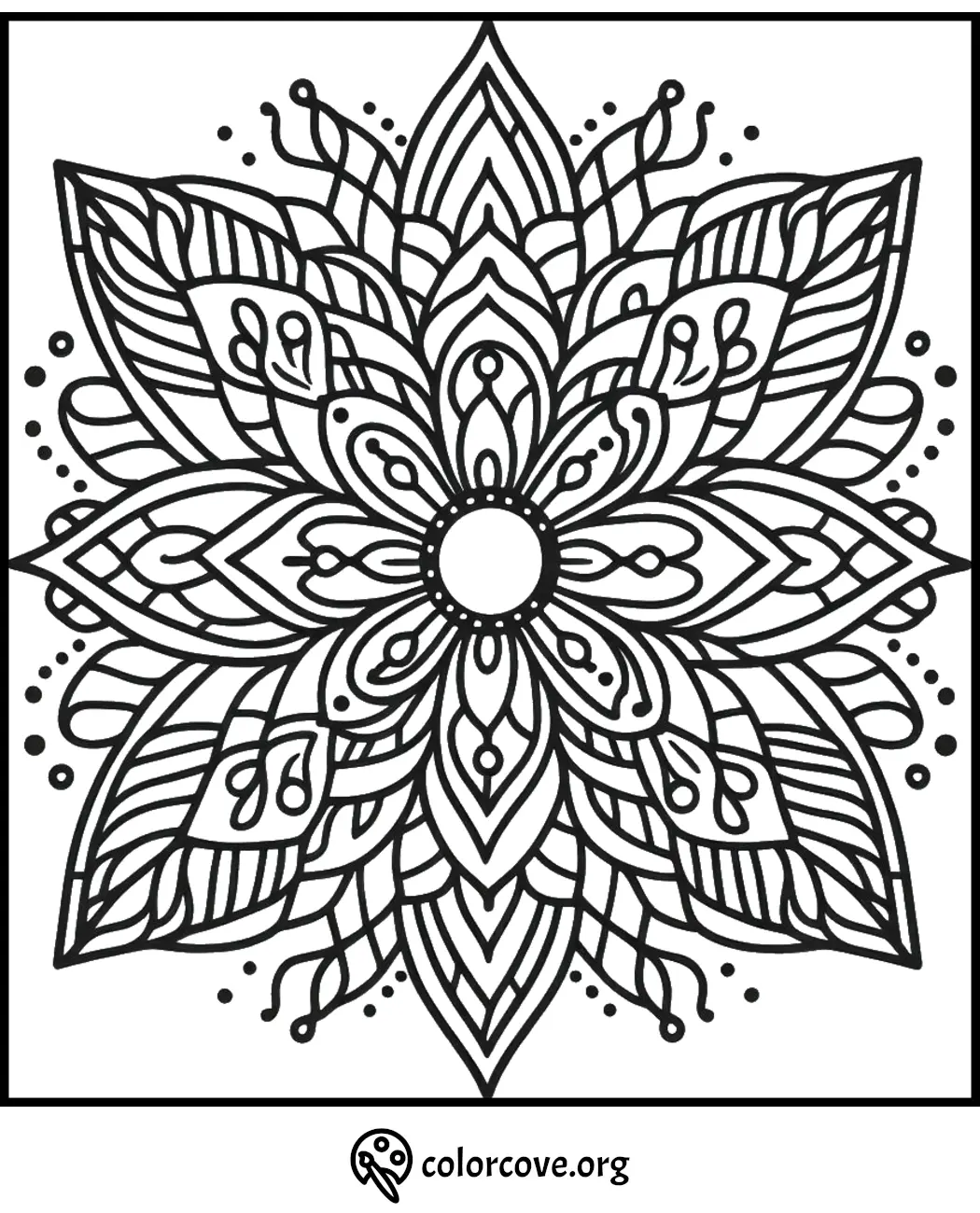 Intricate mandala coloring page with detailed patterns for relaxation and creativity. Suitable for all ages at colorcove.org.