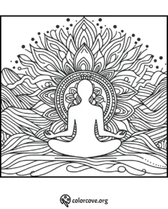 Mindful yoga coloring page with a meditative figure and intricate mandala patterns. Printable art from colorcove.org.