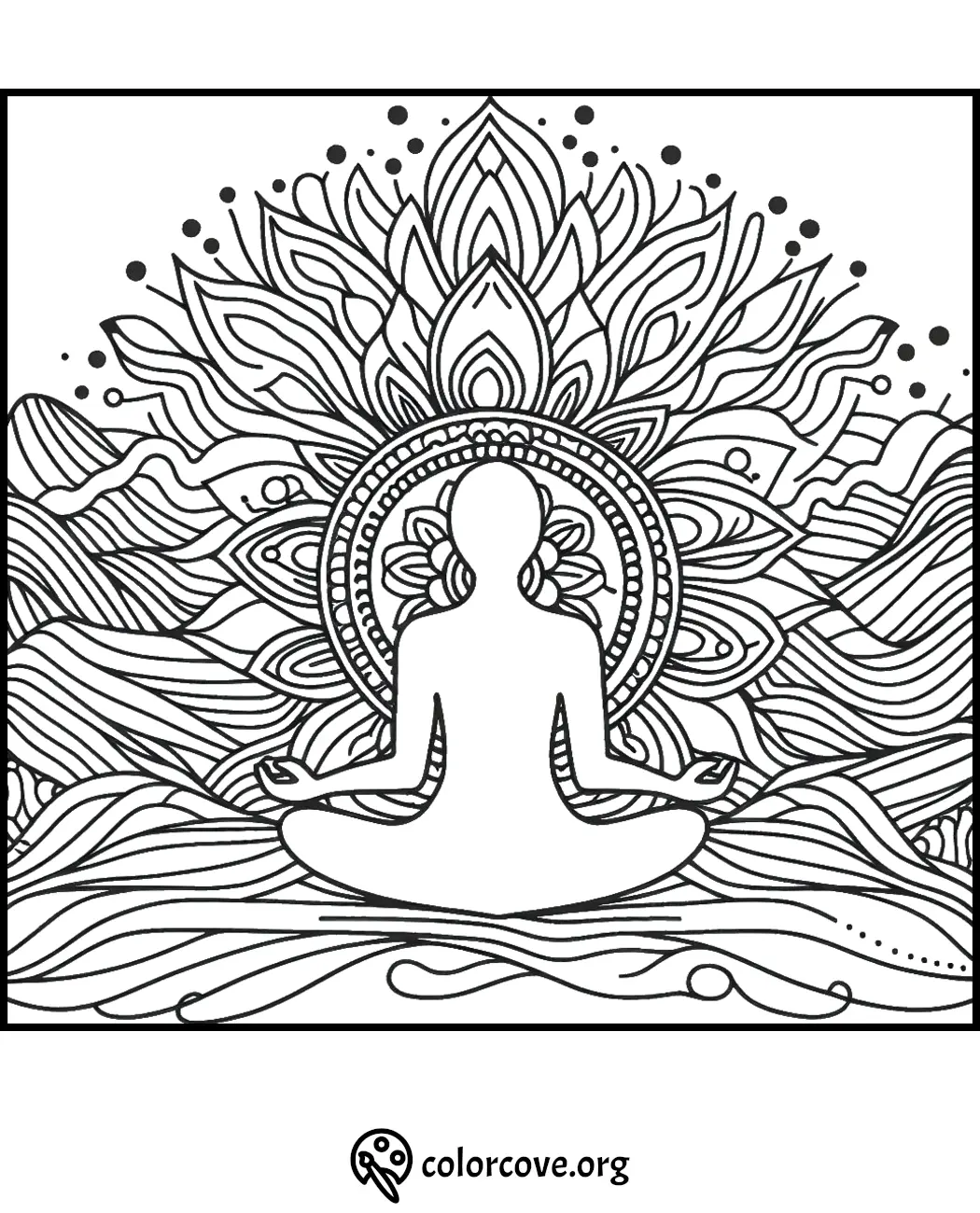 Mindful yoga coloring page with a meditative figure and intricate mandala patterns. Printable art from colorcove.org.