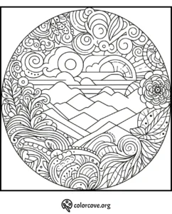 Intricate landscape coloring page with mountains, clouds, sun, and floral patterns in a circular design by colorcove.org.