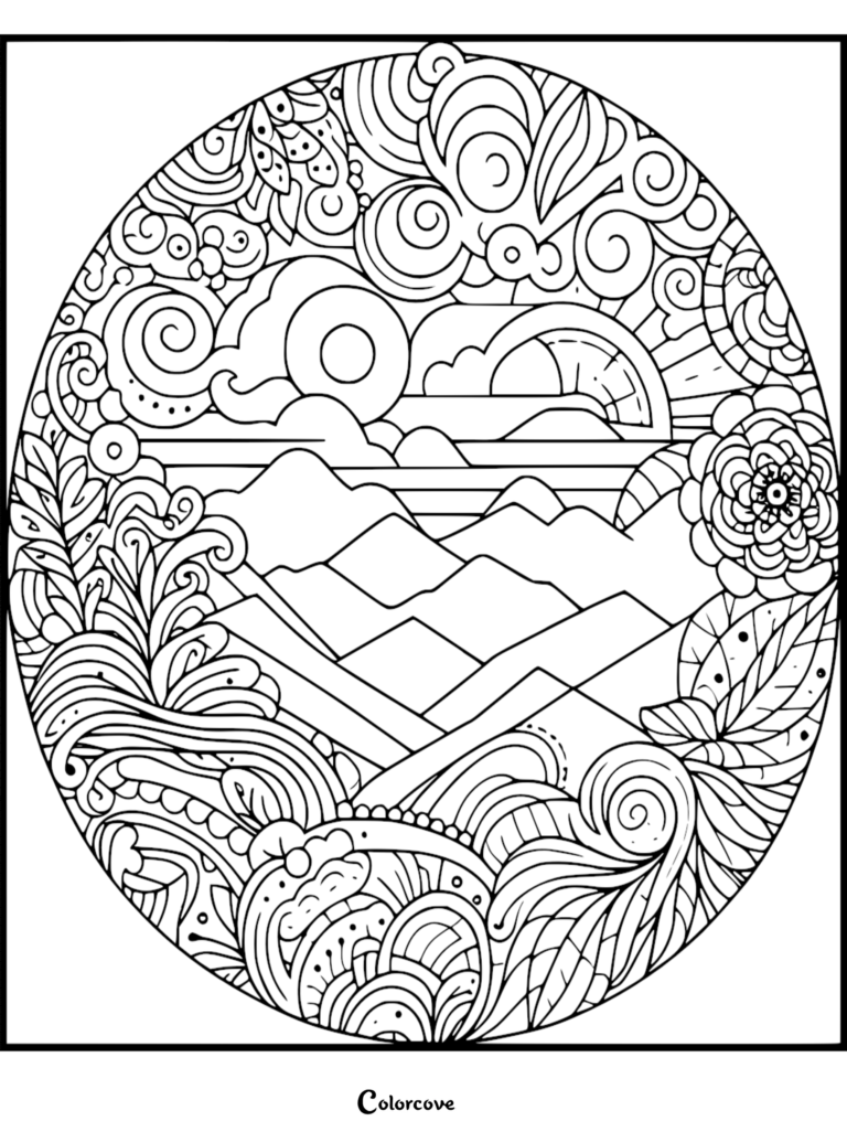 Intricate circle coloring page featuring a peaceful mountain range framed by stylized clouds, swirling patterns, and botanical floral elements.