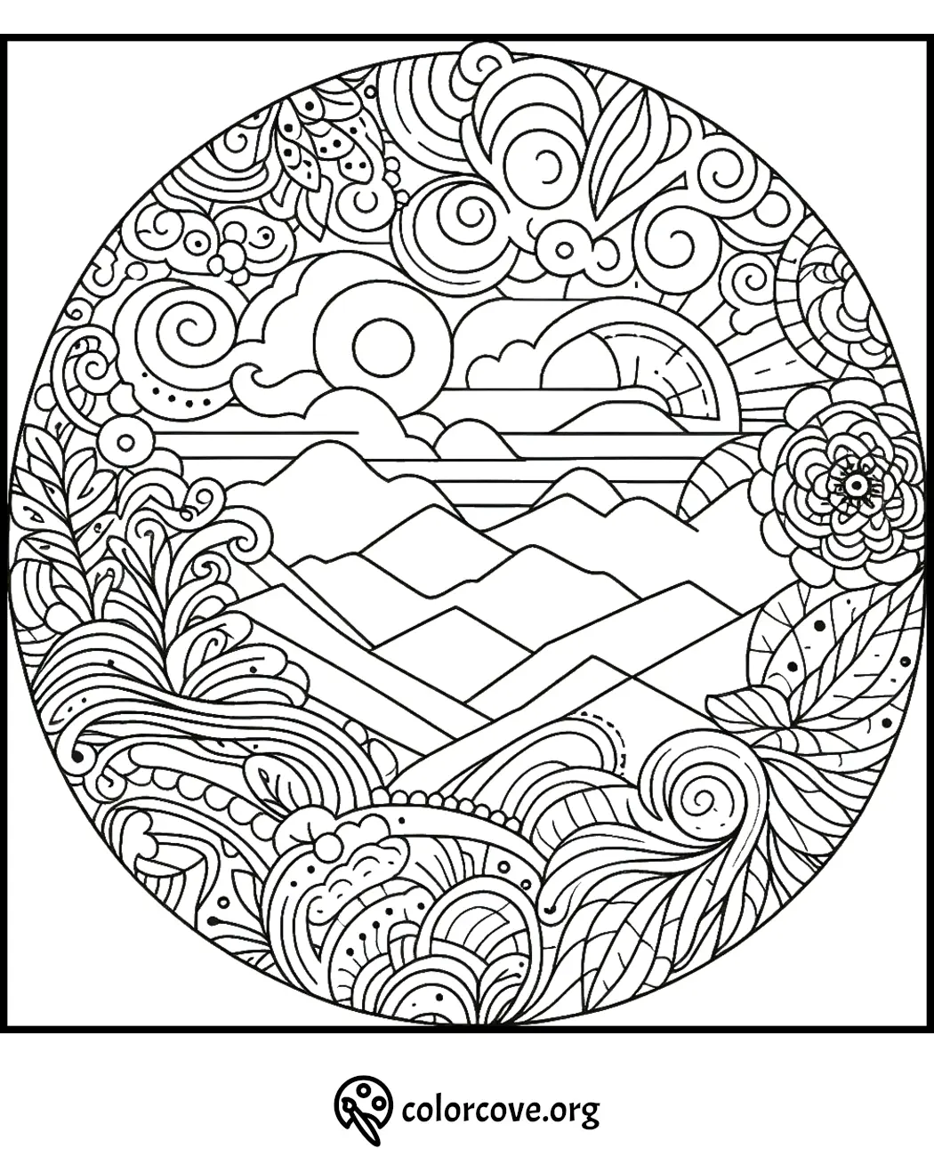 Intricate landscape coloring page with mountains, clouds, sun, and floral patterns in a circular design by colorcove.org.