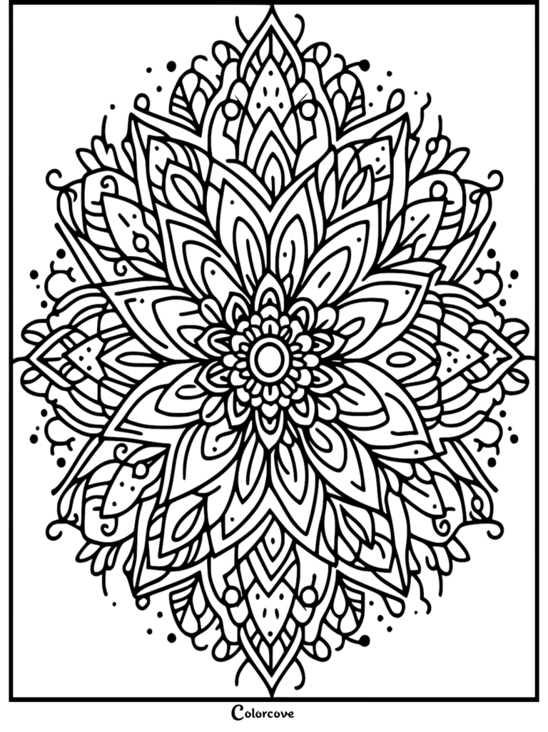 A symmetrical diamond-shaped floral mandala coloring page featuring intricate leaf patterns, swirling vines, and dotted accents.