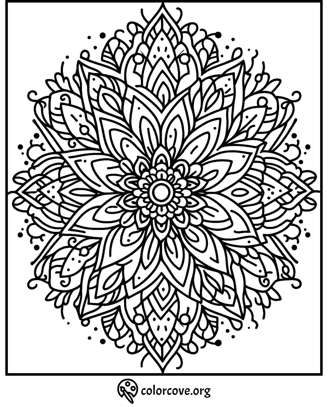 Intricate mandala coloring page with detailed floral patterns. Printable design for stress relief and creative coloring.