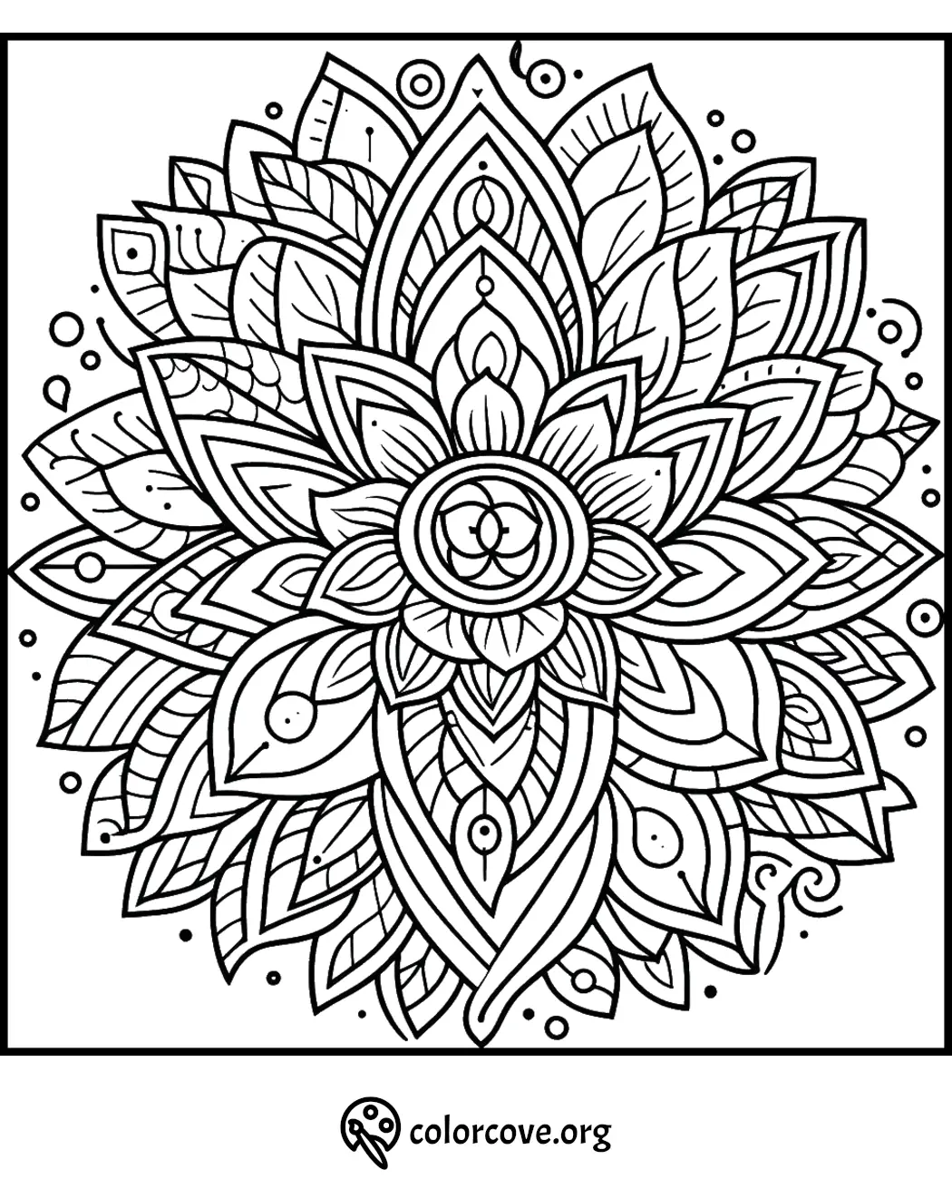 Intricate mandala coloring page with detailed floral and leaf patterns, perfect for stress relief and creative expression.