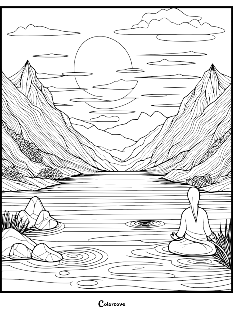 A tranquil stress relief coloring page showing a person meditating in a lotus position beside a calm lake with jagged mountains and a setting sun.