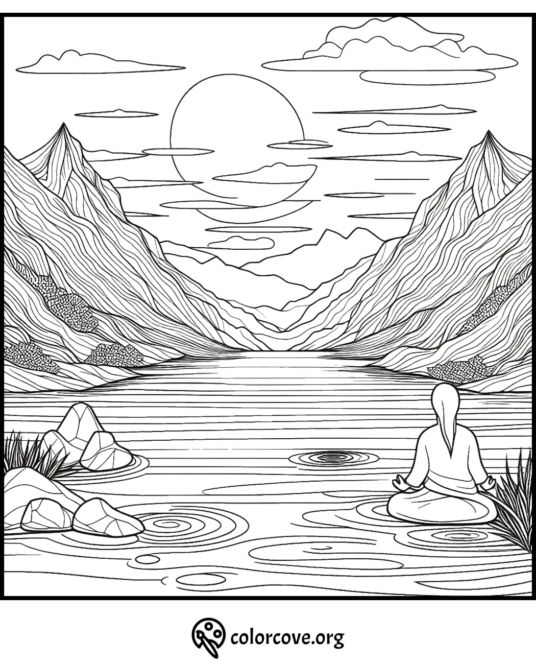 Coloring page featuring a person meditating by a serene lake surrounded by mountains and a large sun setting in the background.