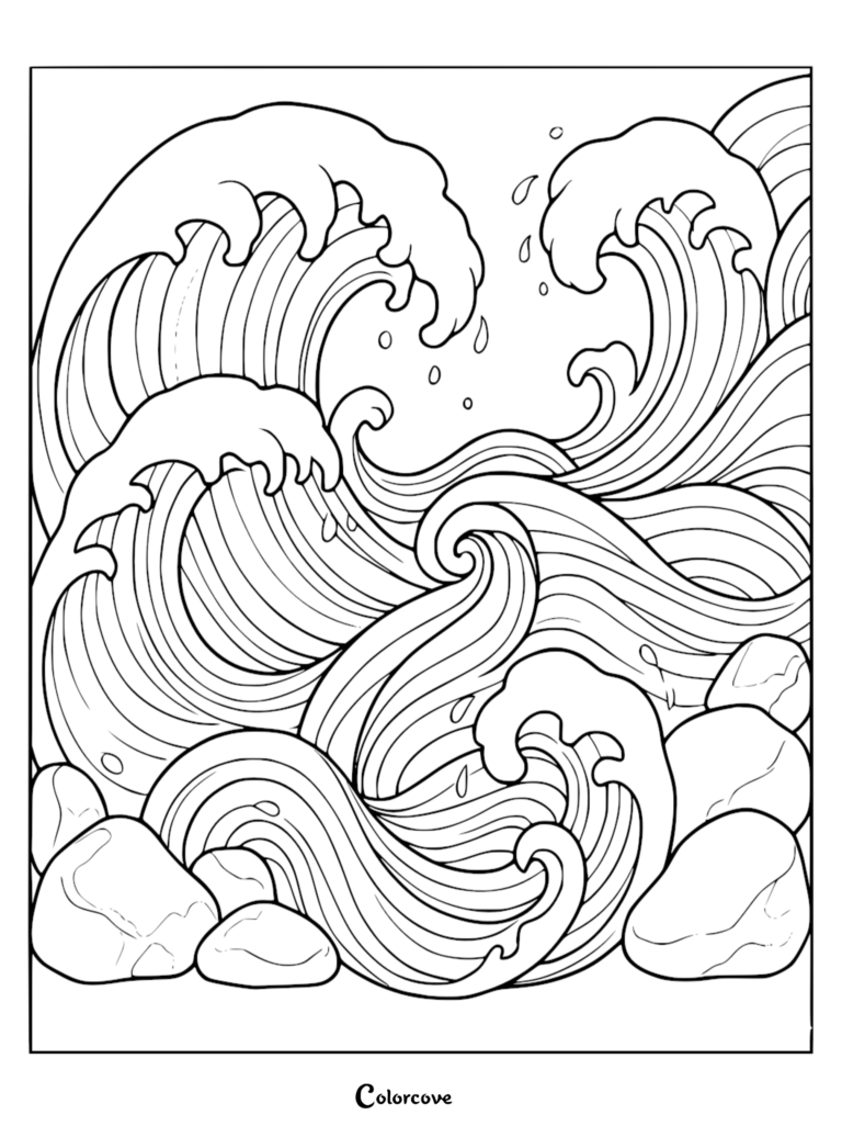 Detailed ocean waves coloring page featuring swirling water currents, crashing peaks, and smooth river rocks at the bottom.