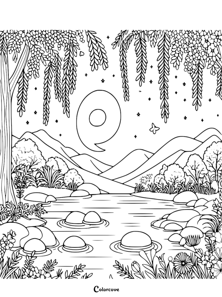 A relaxing zen coloring page featuring a peaceful mountain lake, weeping willow branches, a large crescent moon, and ripples around stones in the water under a starry night sky.