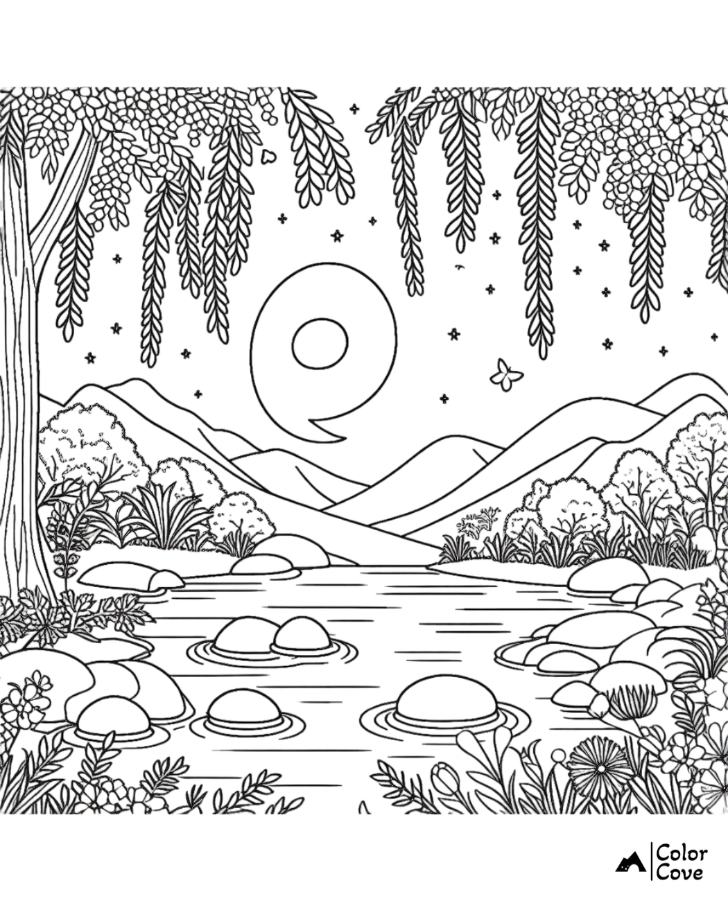 Coloring page with a serene landscape, featuring a river, trees, mountains, and a detailed sky with a crescent moon and stars.