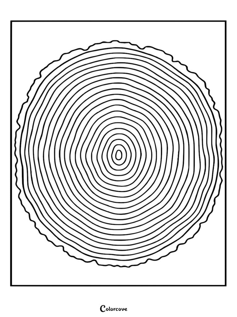 A minimalist coloring page featuring a cross-section of a tree trunk with concentric circular rings for stress-relieving patterns.