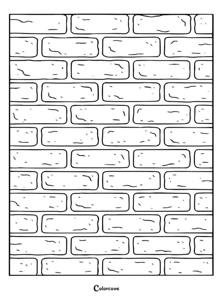 A printable brick wall coloring page featuring a repeating rectangular masonry pattern with weathered texture details for stress relief.