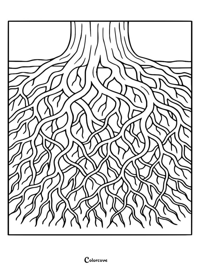 A Zentangle-inspired black and white coloring page featuring a detailed underground view of intricate, intertwining tree root systems spreading through soil.