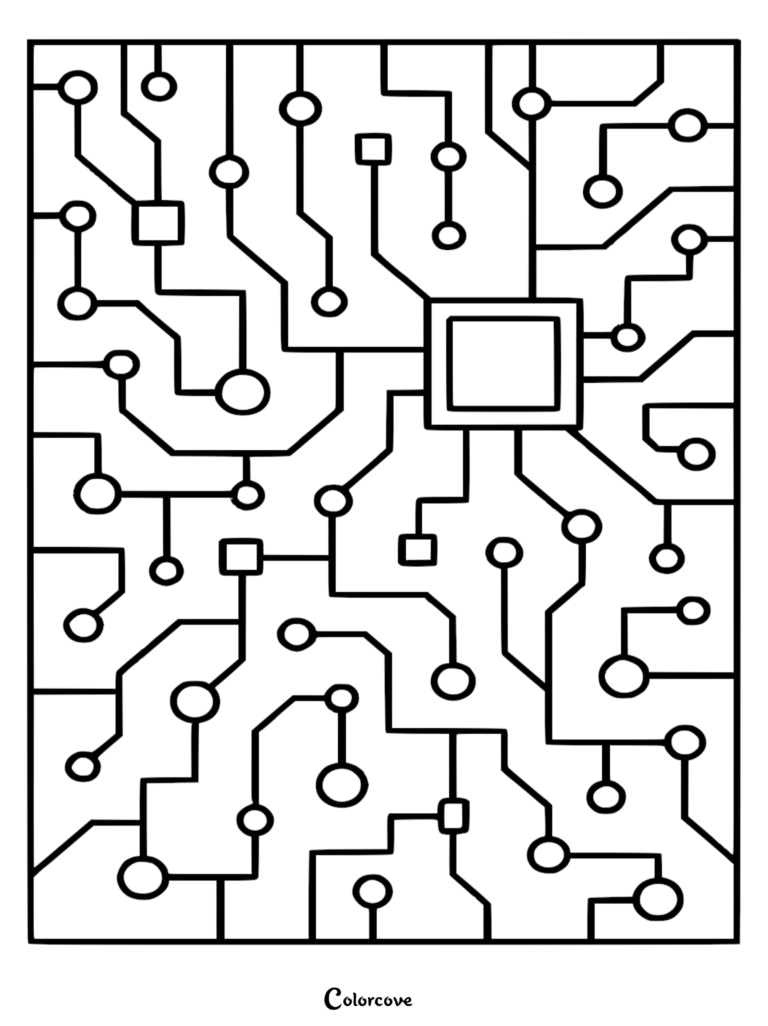 A complex black and white circuit board coloring page featuring a central square processor connected by intricate lines to various circular and square nodes.