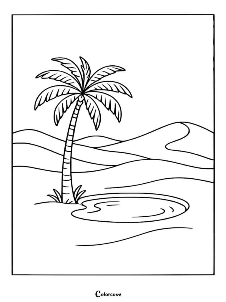 A relaxing desert oasis coloring page featuring a tall palm tree next to a small water pond with rolling sand dunes in the background.