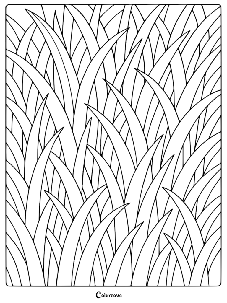A detailed coloring page featuring dense, overlapping blades of long grass in a repeating botanical line art pattern, perfect for mindful stress relief.
