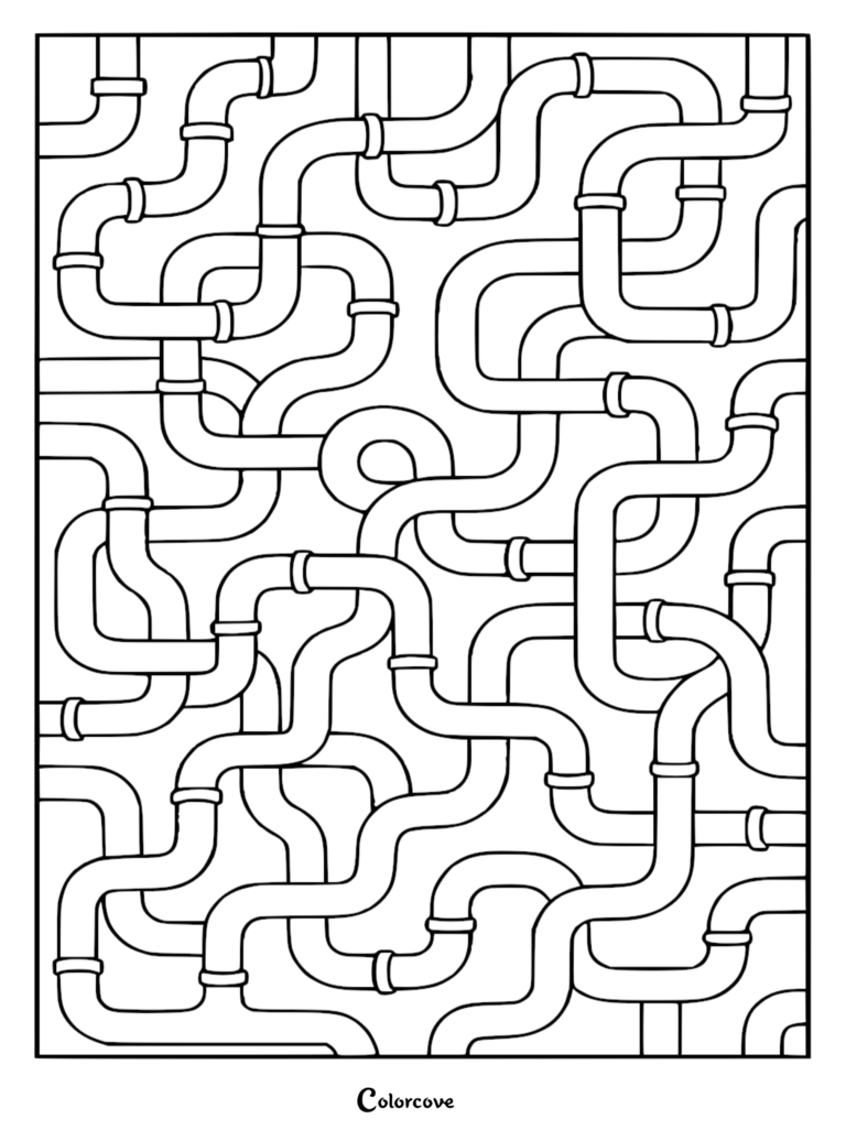 A complex black and white coloring page featuring a dense, interlocking pattern of industrial pipes and connectors for stress relief.