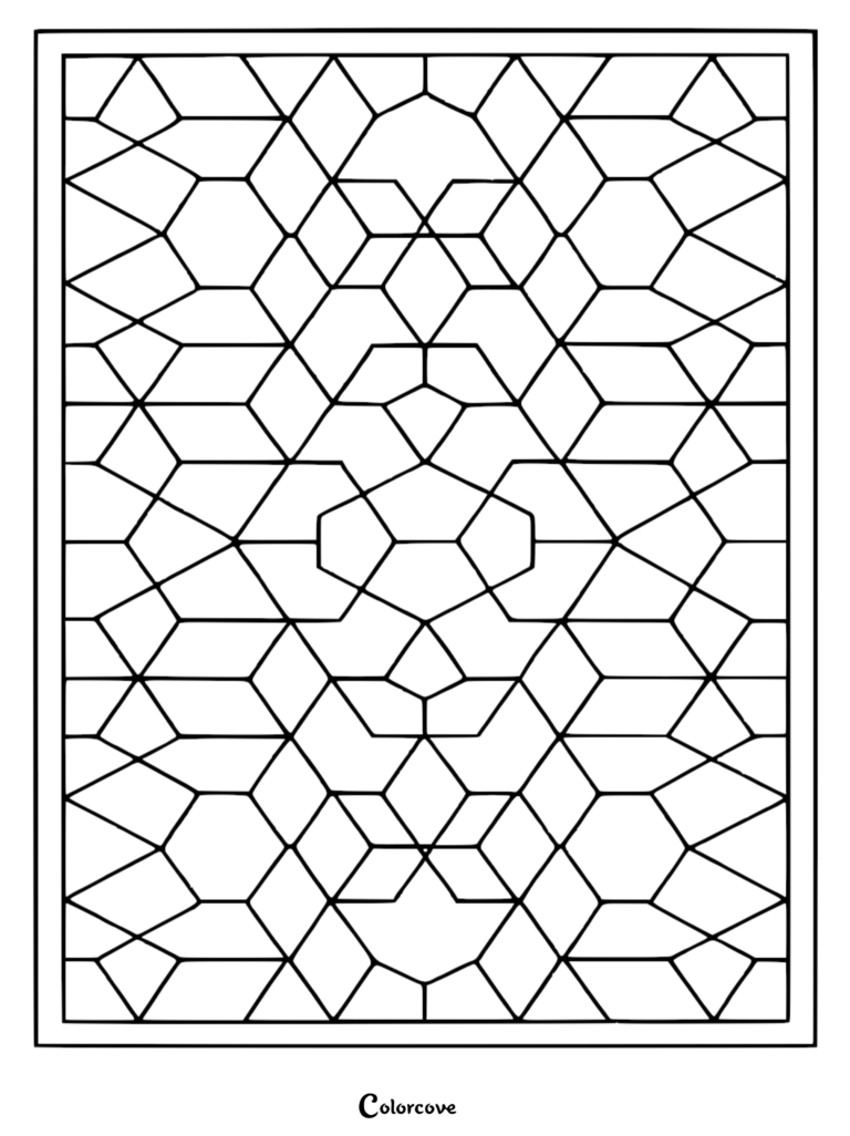 A complex black and white geometric coloring page featuring an interlocking pattern of hexagons, diamonds, and trapezoids in a vertical tessellation design.